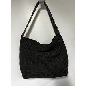 The Sak Black Purse Beaded Strap Handle Knit Fabric Zip Closure Classic Handbag